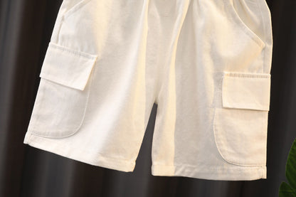 Boys' Summer Cute Stripes Solid Color Short-sleeved Shorts Two-piece Set