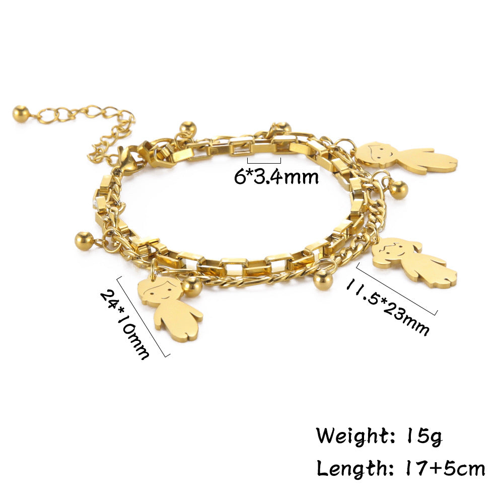 Cartoon Character Titanium Steel Ball Figaro Chain Double Layer Bracelet