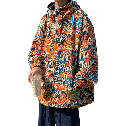 Hooded Jacket Men Graffiti Print Trend Pullover Top Plus Size Jacket Men