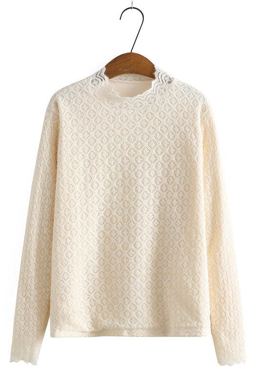 Loose Plus Size Women's Fleece Half Turtleneck Lace T-shirt