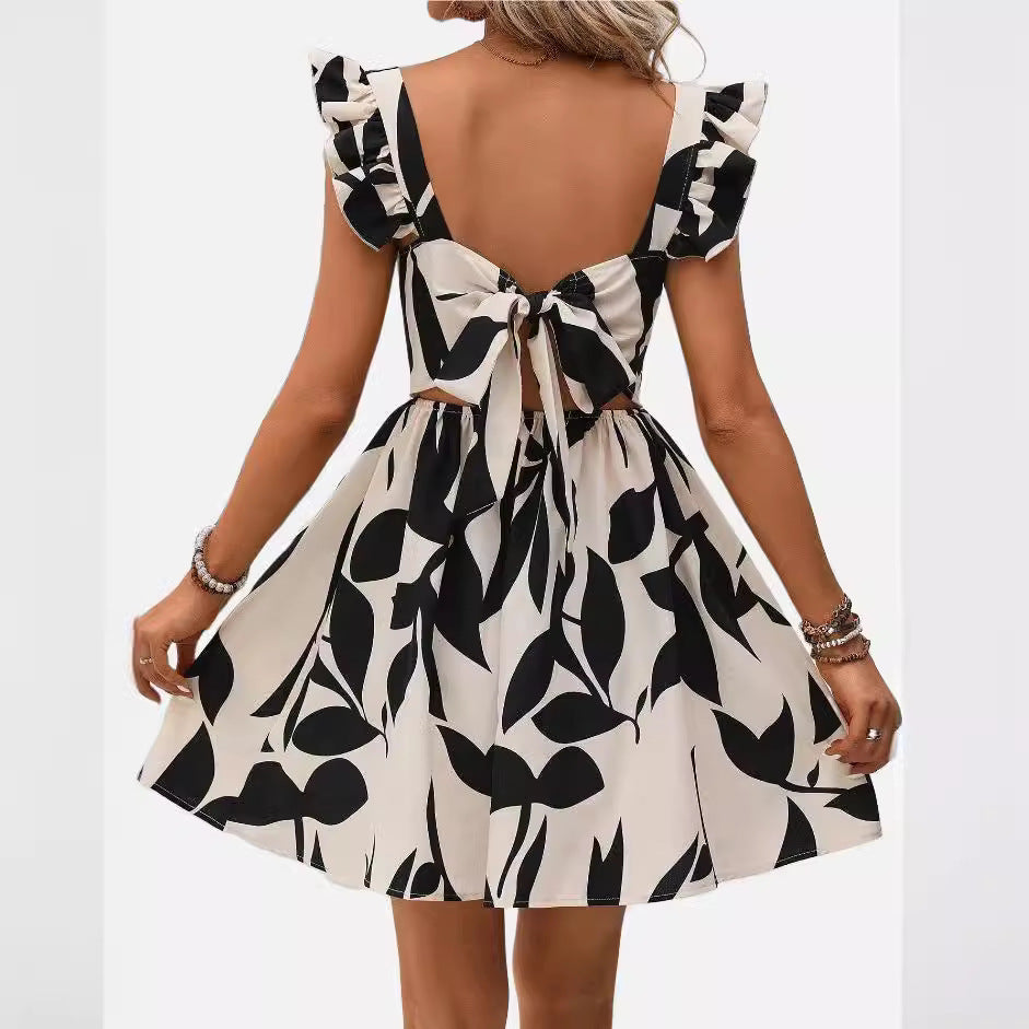 Printed Lace-up Back Backless Frill Holiday Dress