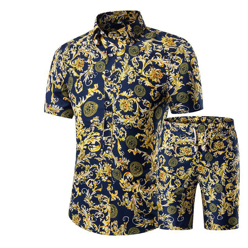 Summer New Products Men's Short-Sleeved Shirt Shorts Two-Piece Floral Shirt Set