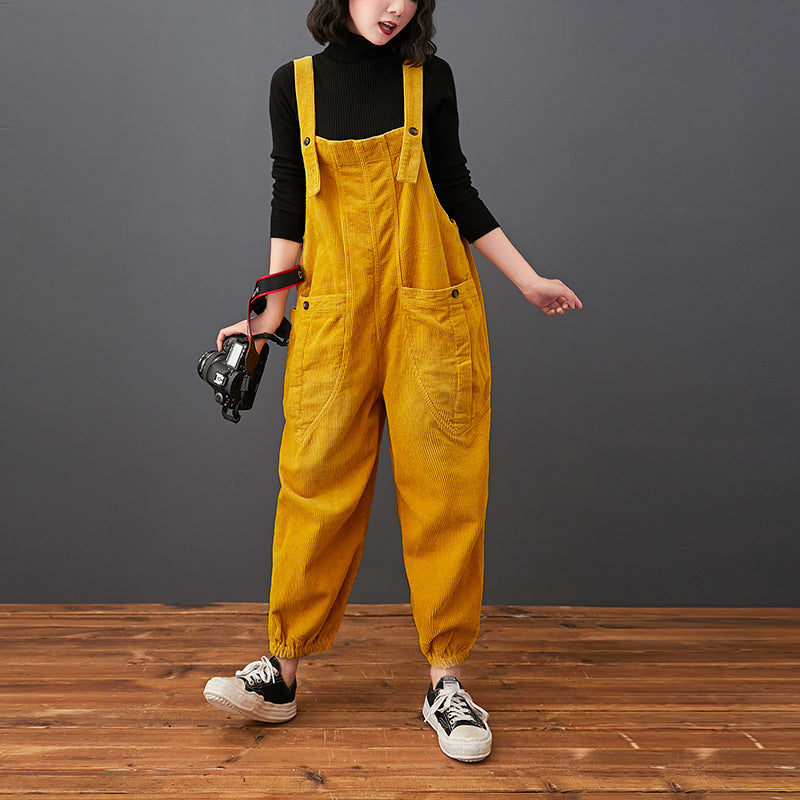 Corduroy Large Pocket Age Reduction Plus Size Overalls