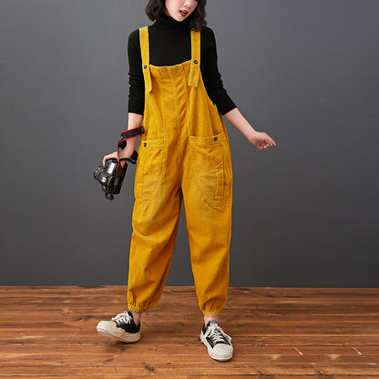 Corduroy Large Pocket Age Reduction Plus Size Overalls