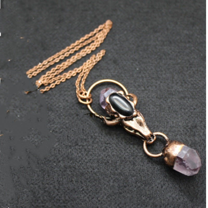 Personality Exaggerated Bull Head Jewelry Crystal Column Amethyst Necklace Pendant