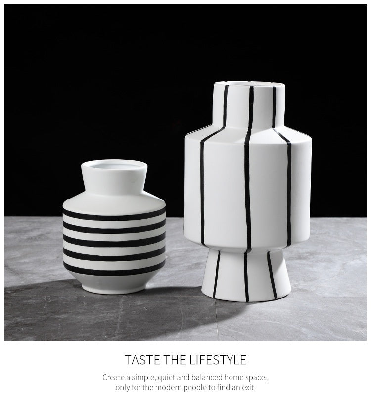 Black And White Striped Ceramic Vase Light Luxury Modern Home