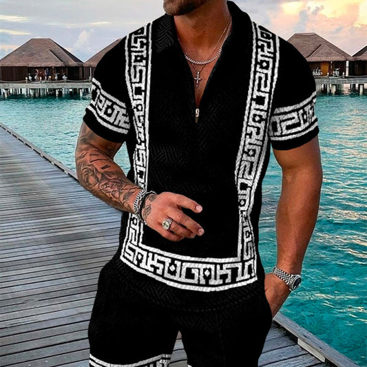 Men's Summer Fashion 3D Printed Short Sleeve Geometric Zip Lapel Shirt Set