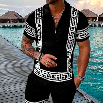 Men's Summer Fashion 3D Printed Short Sleeve Geometric Zip Lapel Shirt Set