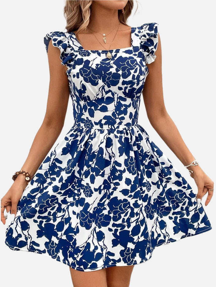 Printed Lace-up Back Backless Frill Holiday Dress