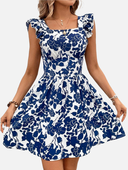 Printed Lace-up Back Backless Frill Holiday Dress