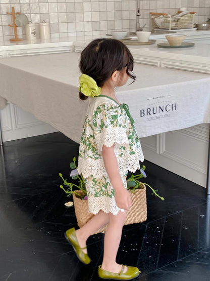 Girls' Summer Suits Sweet Lace Shirt Lace Shorts Two-piece Set