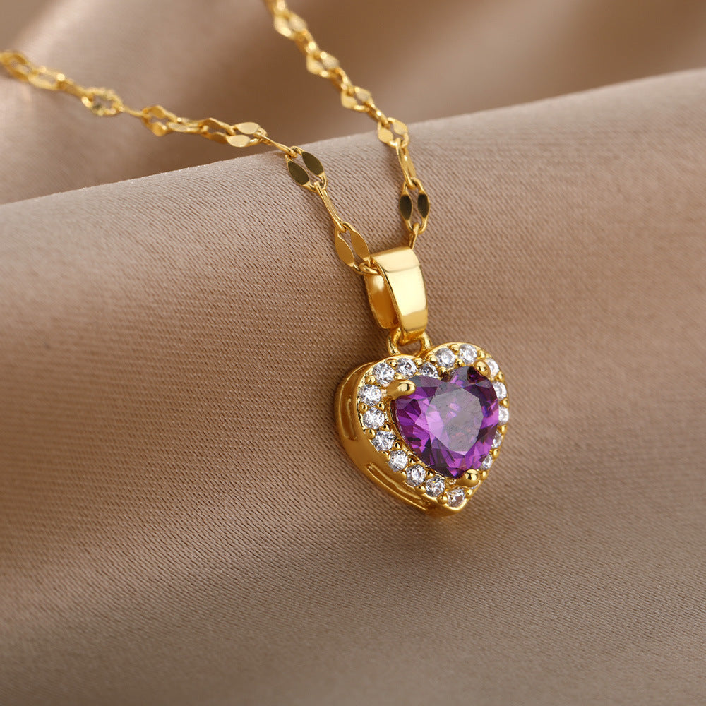 Heart Of Europe And America Ocean Necklace Heart Purple Zircon Pendant Heart Collar Chain