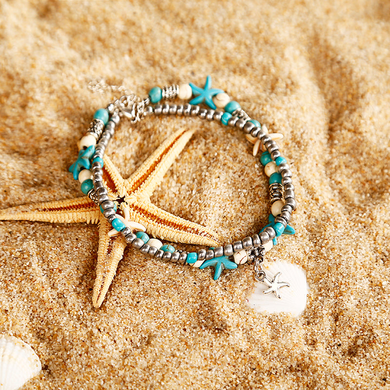 Creative Personality Fashion Accessories Double Starfish Rice Bead Jewelry Yoga Beach Jewelry Anklet - FLIPSTYLEZLLC