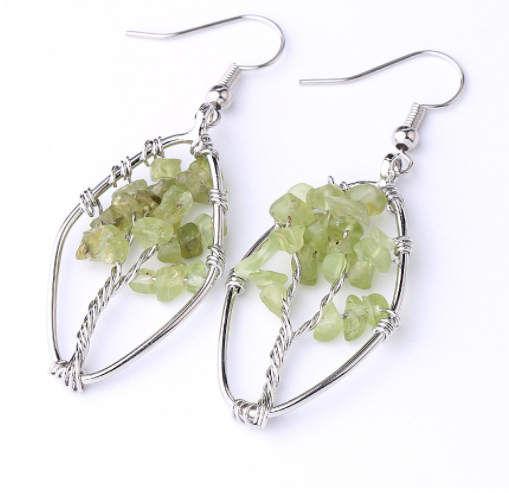 Natural Crystal Crushed Stone Earrings Handmade Tree Of Life Women's Turquoise