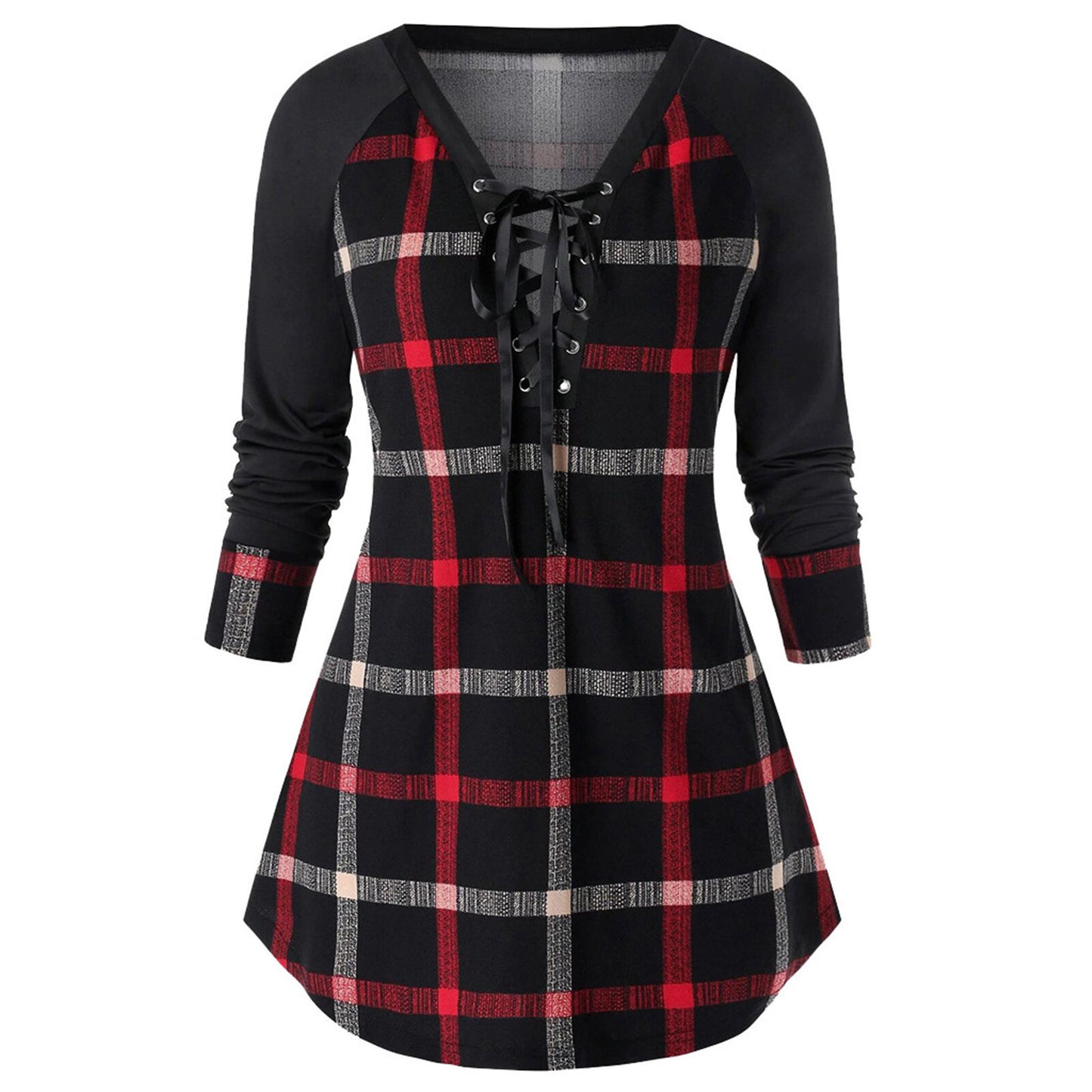 New cute Wine Red Spring And Autumn Printed Plus Size Long Sleeve Plaid Dress for young adult