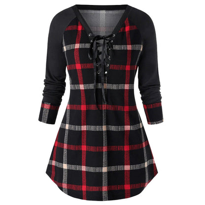 New cute Wine Red Spring And Autumn Printed Plus Size Long Sleeve Plaid Dress for young adult