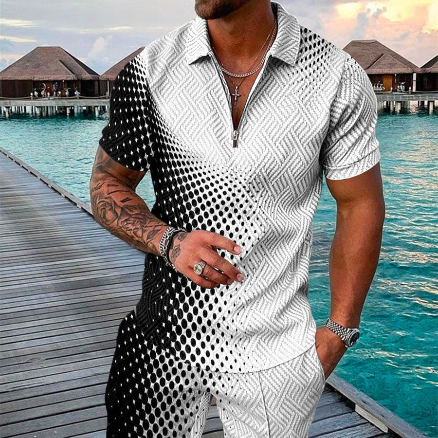 Men's Summer Fashion 3D Printed Short Sleeve Geometric Zip Lapel Shirt Set