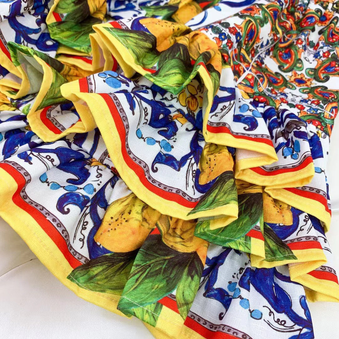 New Cute Pastoral Girls Court Print Suspender Skirt