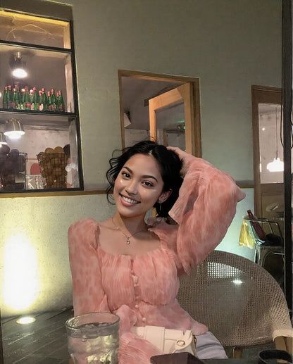 Women's Plus Size Flared Sleeve Off Shoulder Pleated Chiffon Shirt