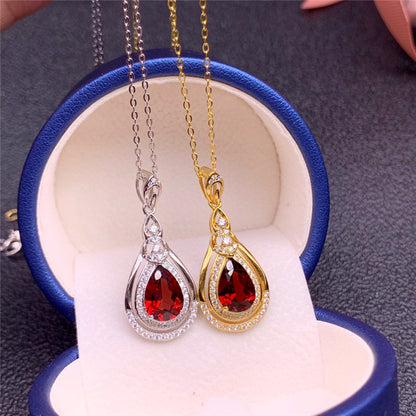 Red Drop Garnet Sterling Silver Pendant Necklace