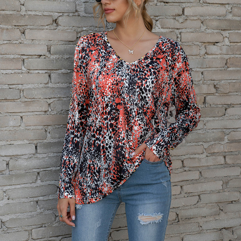 Ladies V-Neck Pleated Print Long-Sleeved Plus Size T-Shirt Top