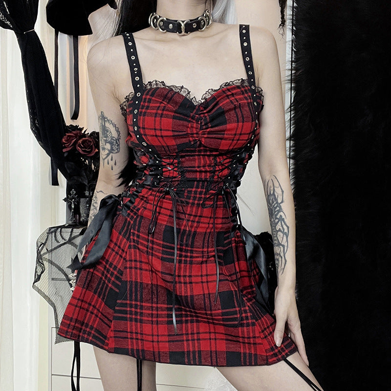 Dark Red Plaid Hot Girl Sling Design Sense Dress