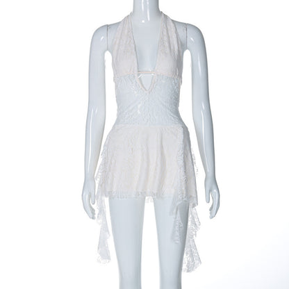 Short Stitching Ribbon Halter Lace Hollow-out Deep V-neck Backless Hot Girl Dress