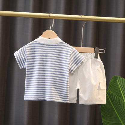 Boys' Summer Cute Stripes Solid Color Short-sleeved Shorts Two-piece Set
