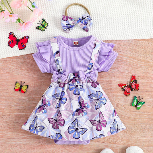 Little Girl Butterfly Print Dress Romper Skirt Scarf Two-piece Set