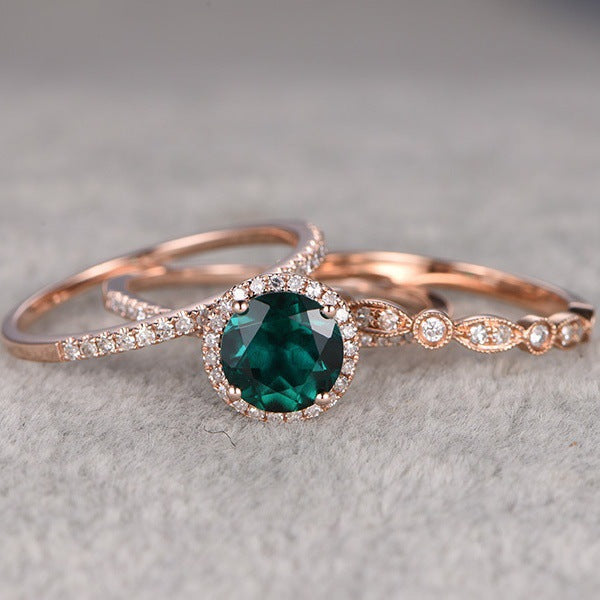 New Product 14k Rose Gold Three-piece Ring With Micro Inlaid Emeralds European And American Engagement Jewelry