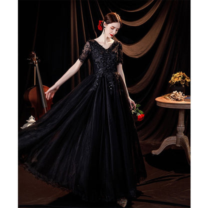 Elegant Black Deep V-neck Evening Long-sleeve Wedding Dress