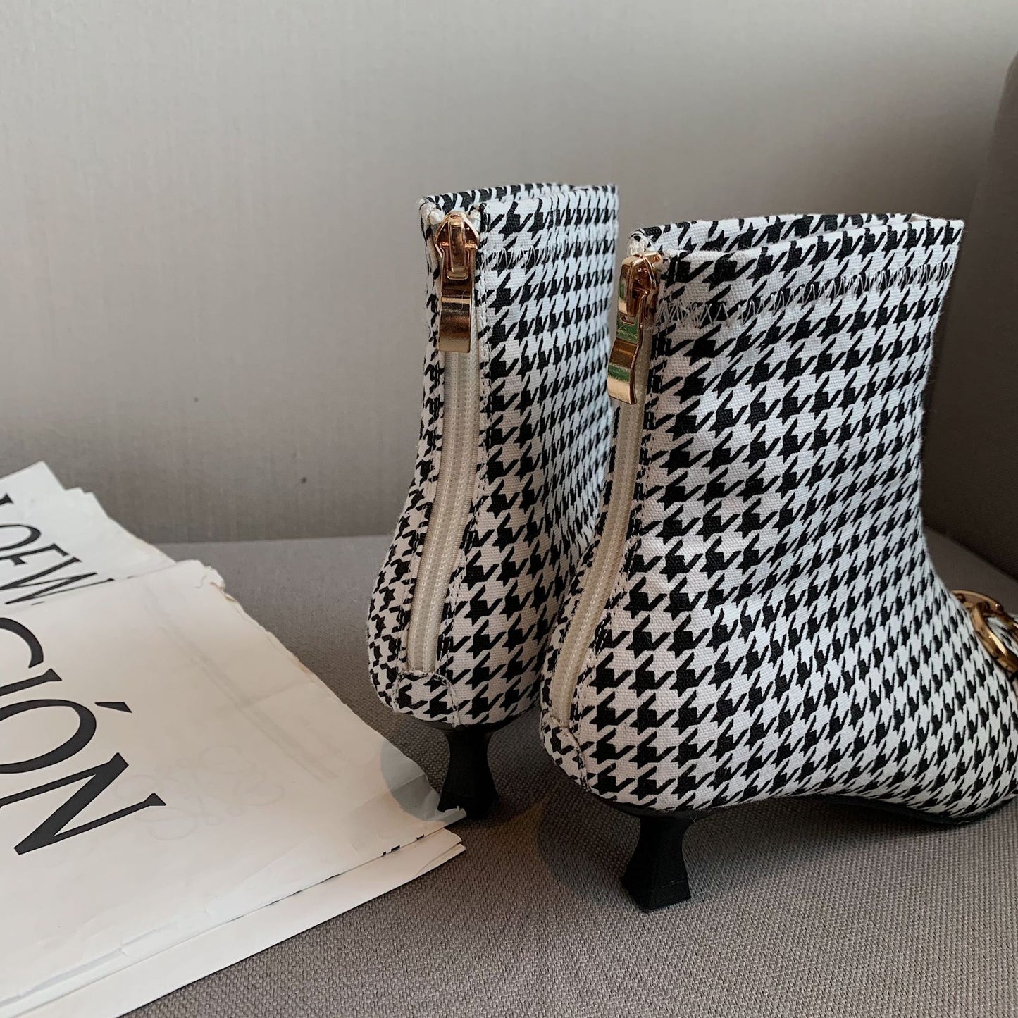 Side Zipper Small Heel Houndstooth Fashion Boots