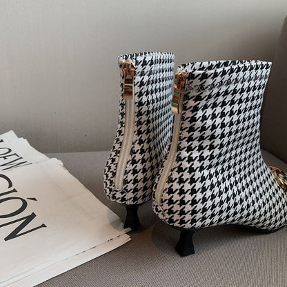 Side Zipper Small Heel Houndstooth Fashion Boots