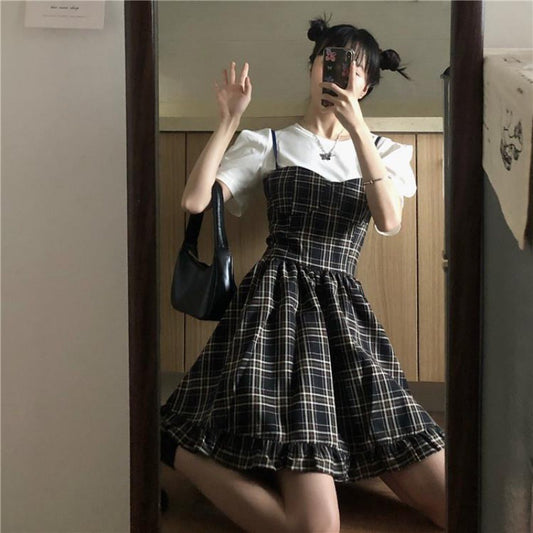 Lolita Skirt Korean Sweet And Cool Girl Plaid Suspender Dress Was Thin Waist Skirt