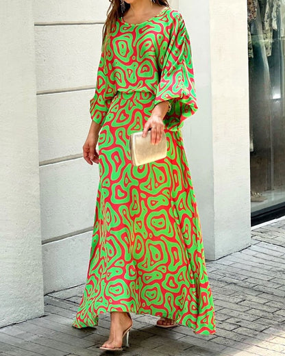 New Loose Plus Size Printed Long Sleeve Shirt High Waist Skirt Suit