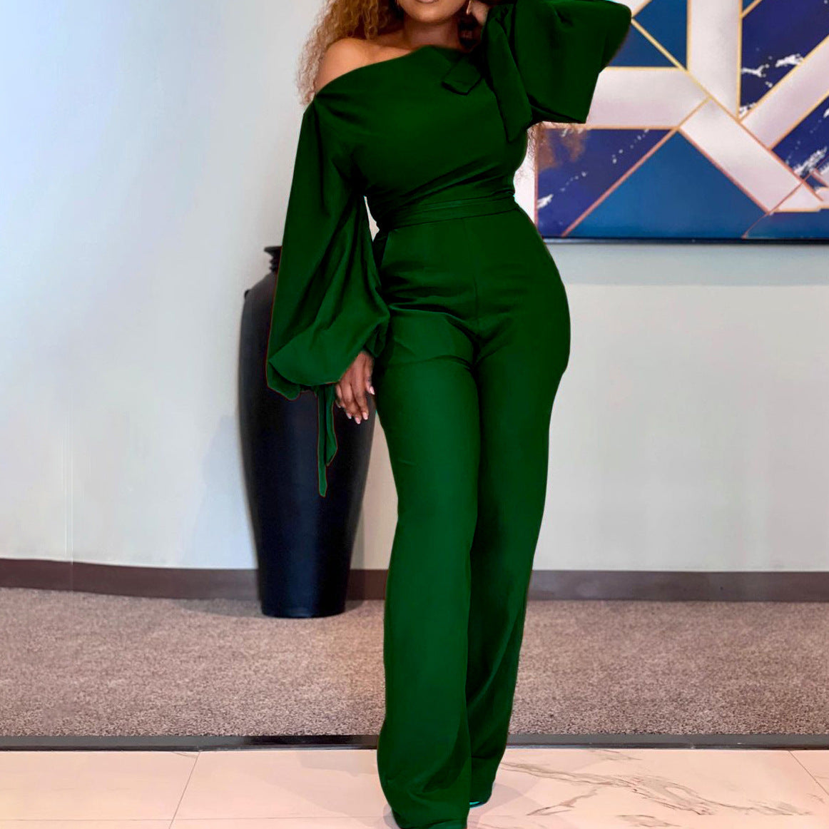 Green shawl wrap High Waist Plus Size Wide Leg Jumpsuit