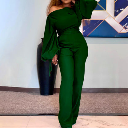 Green shawl wrap High Waist Plus Size Wide Leg Jumpsuit