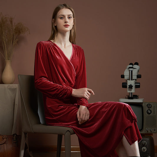 Long Robe Women's Velvet Gorgeous Nightdress V-neck Long Sleeve