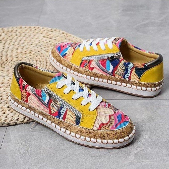 Ethnic Style Printed Flats Shoes Casual Side Zip Slip-on Shoes Loafers Women - FLIPSTYLEZLLC