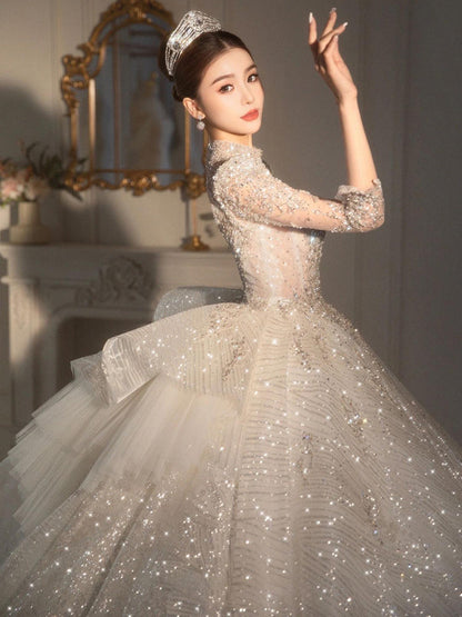 Long Sleeved Retro Bride Luxurious French Wedding Dress For Women
