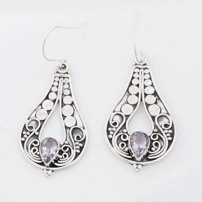 Women's Fashion Silver Carved Purple Gemstone Earrings