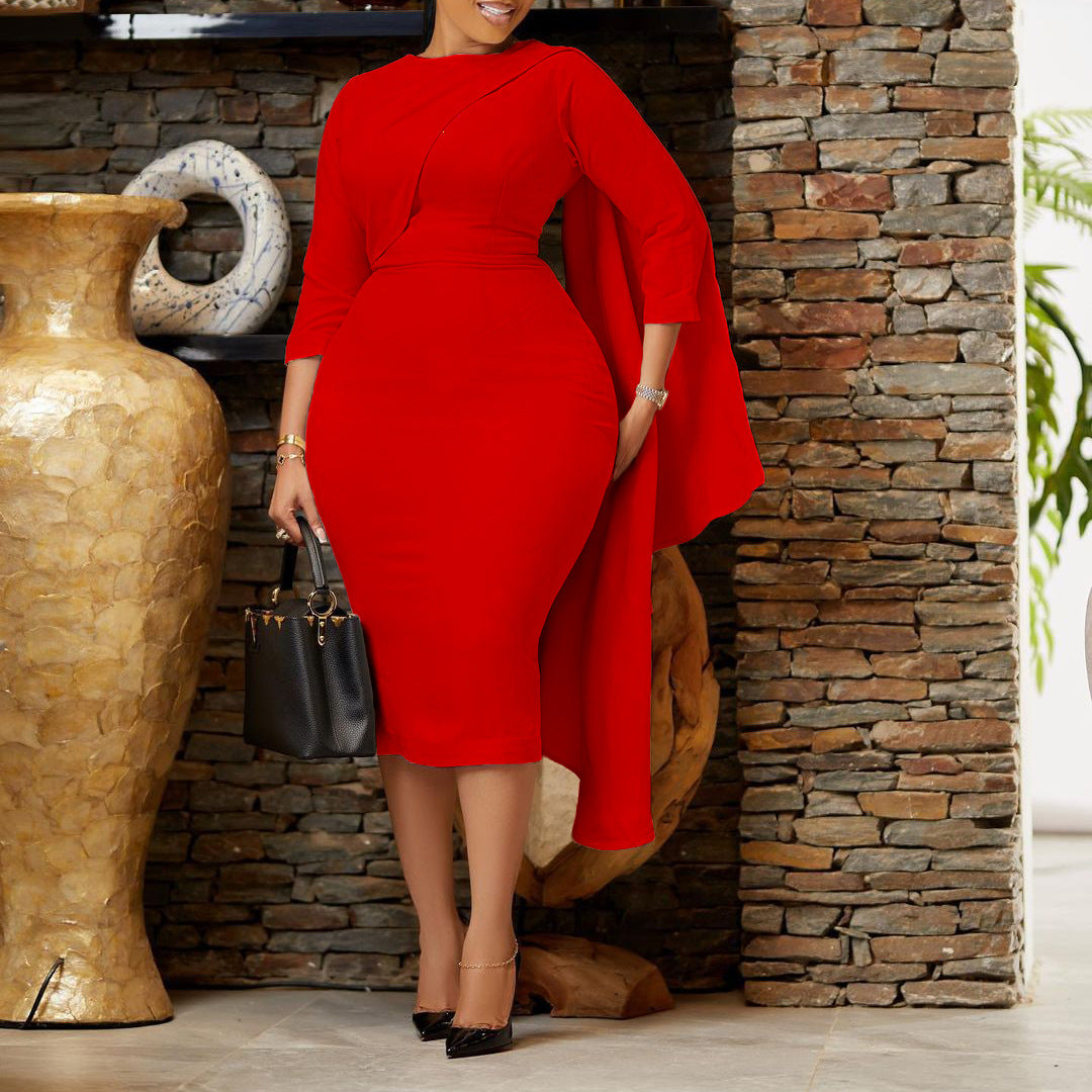 New Temperament Pure Color Ol Package Hip African Plus Size European And American Style Dress