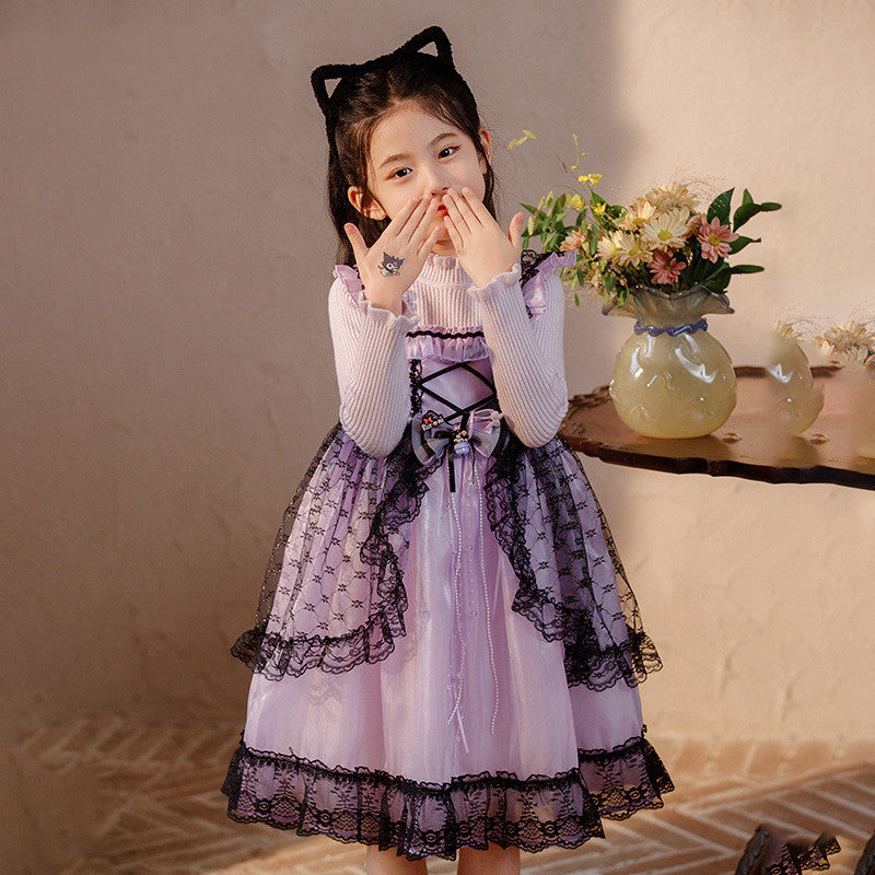 LITTLE Girls light purple silk with long sleeve with black lace trim ascent design dress