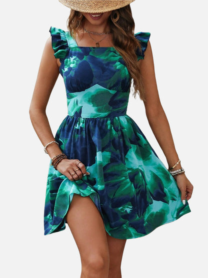 Printed Lace-up Back Backless Frill Holiday Dress
