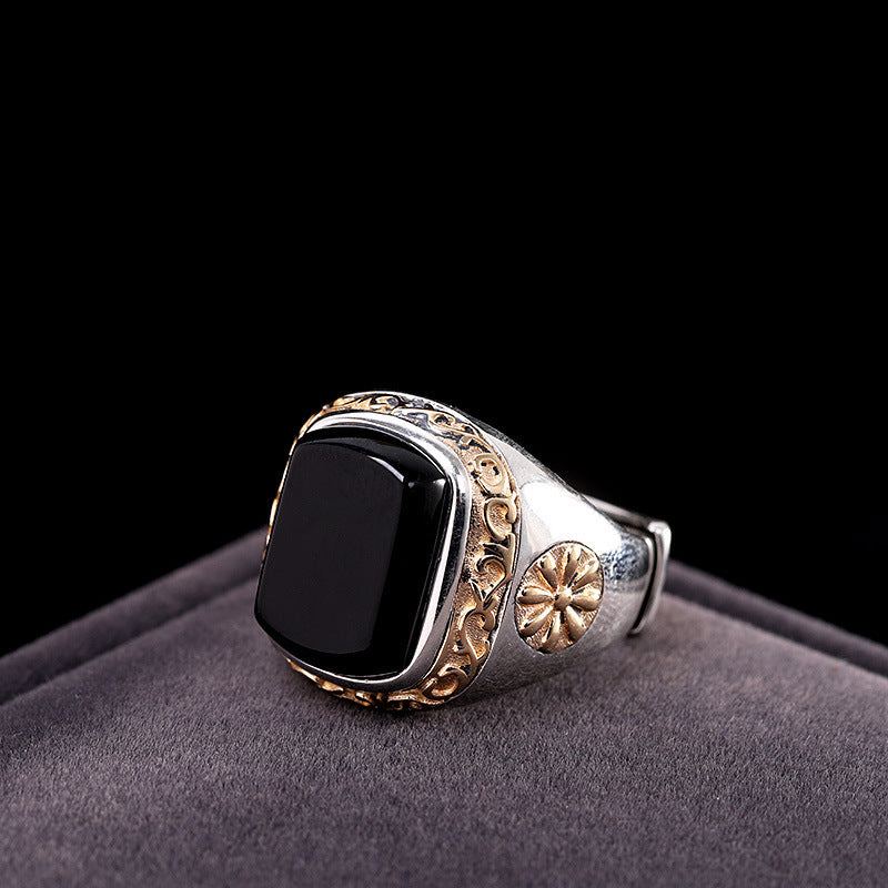 Personalized Men's Black Agate Ring
