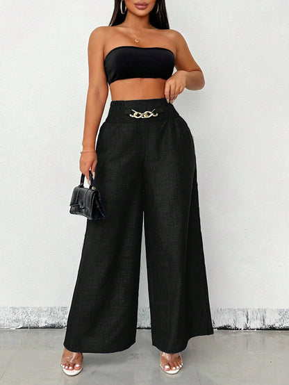 New Womens Fashionable Retro High-Waist Elastic Drapey Wide-Leg Long Pants For Women