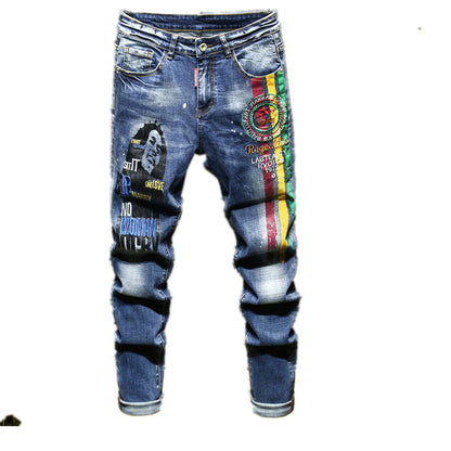 Men's Embroidered Printed Jeans Ripped Pants Slim-fit Straight Stretch Men's Pants