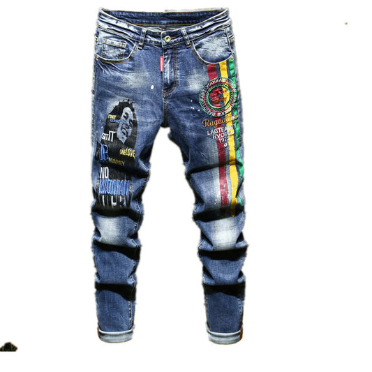 Men's Embroidered Printed Jeans Ripped Pants Slim-fit Straight Stretch Men's Pants