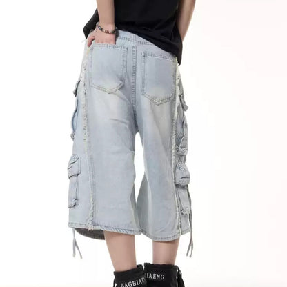Retro Multi-pocket Denim Cargo Pants Shorts Women's Summer Loose Washed-out