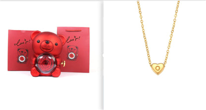 Eternal Rose Teddy Bear Gifts Box With Necklace Rotate Rose Jewelry Box Valentine Wedding Storage Gift Case For Women Girlfriend